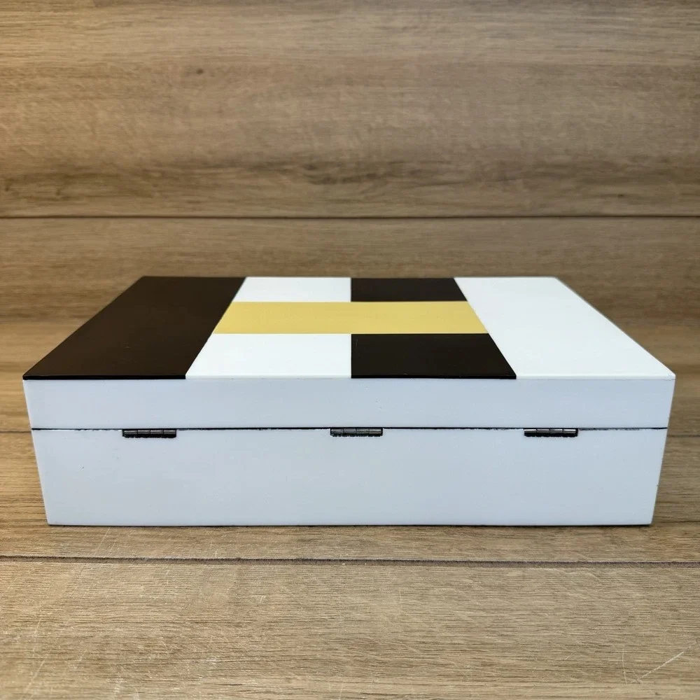 Handmade Wood Storage Stash Trinket Box Black Yellow White Geometric Hinged